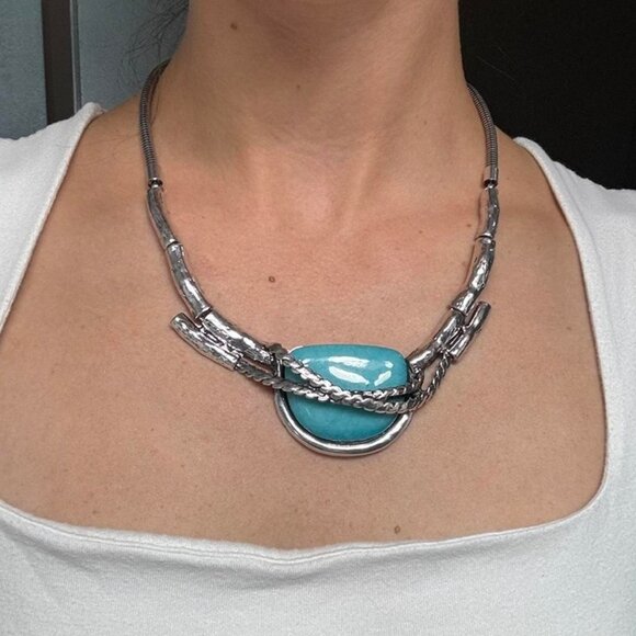 Silver and turquoise stone pendant statement necklace western - Picture 1 of 3